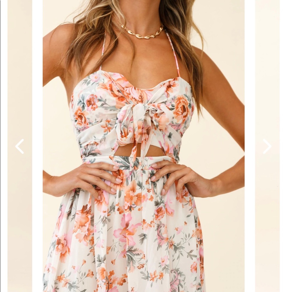 LOS FELIZ TIED BUST HALTERNECK MIDI DRESS FLORAL PRINT PINK